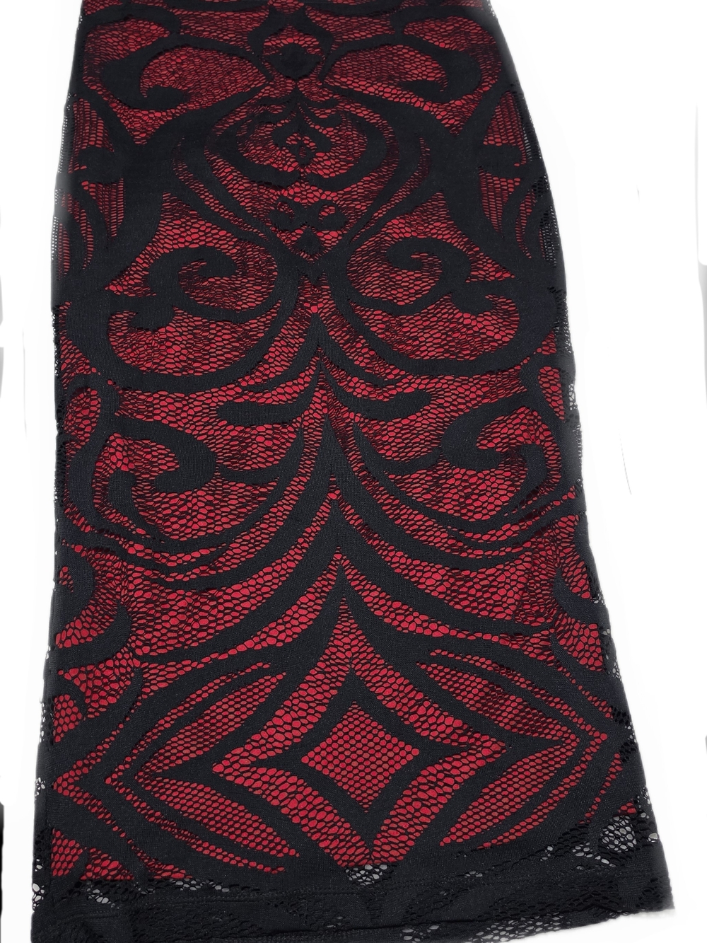 Bisou Bisou Black Lace Overlay Pencil Skirt with Red Lining